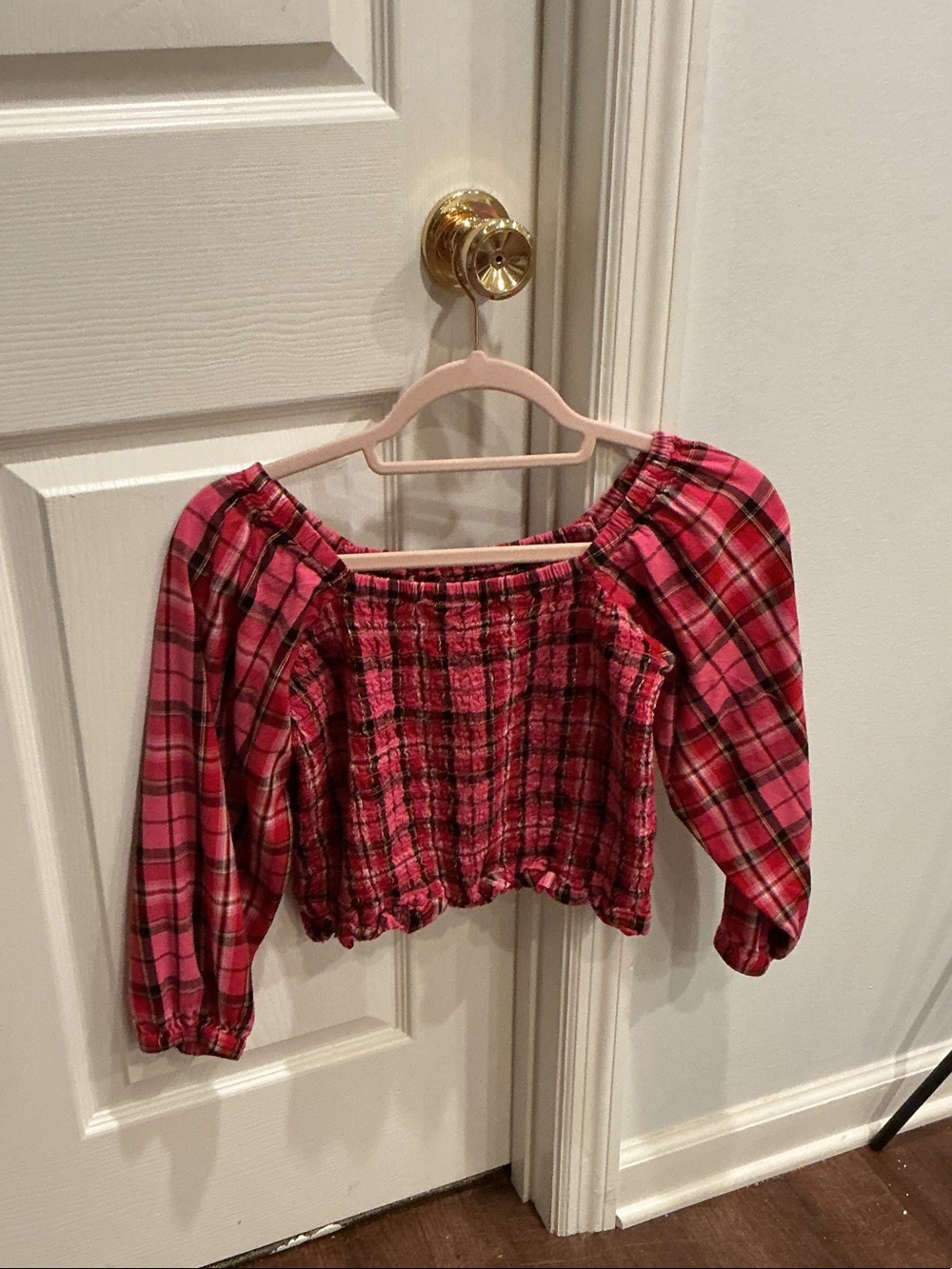 Old Navy Pink Plaid Off-Shoulder Crop Top